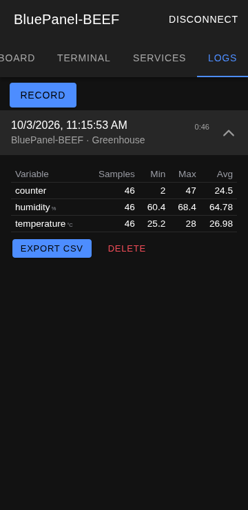 Recorded session with statistics per variable and a CSV export button