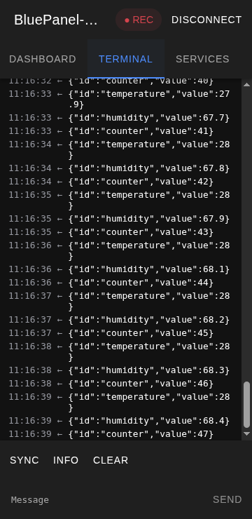 Terminal listing JSON messages received from the device